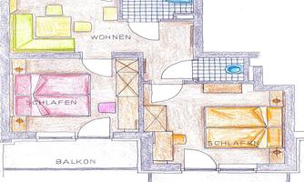 A colorful floor plan of an apartment. It shows two bedrooms, a living room, and two balconies.