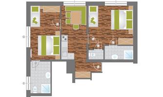 A modern apartment with two bedrooms, a living room, and two bathrooms. The layout features open spaces and a practical arrangement.
