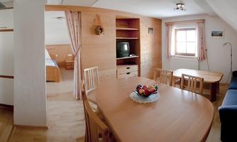 A bright and cozy living room with a dining table and a small kitchen. The room has large windows and modern furniture.