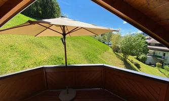 A terrace with a beautiful sun umbrella overlooks a green meadow and trees. The sky is clear and blue.