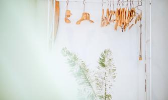 A bright room with wooden hangers on a rod. In the foreground, a green leaf of a plant is visible.