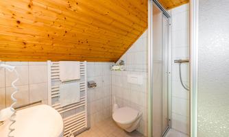 A small bathroom with a sloping ceiling. It contains a shower, a sink, and a toilet.