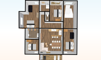 A modern floor plan representation of a house with multiple rooms and an open living area. The rooms include bedrooms, bathrooms, and a kitchen.