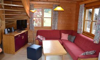 A cozy cabin with wooden paneling and a red sofa. A TV and a table are located in the room, which is brightly lit by large windows.