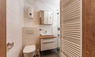 A modern bathroom with bright tiles and a wooden washbasin. The features include a toilet bowl, a mirror, and a towel warmer.