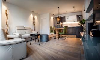 A modern apartment with a bright living area and an open kitchen. The space is stylishly furnished and has large windows that provide plenty of light.