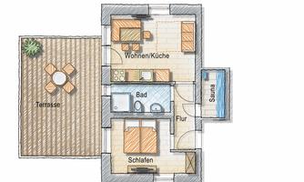 A floor plan of an apartment with a living and kitchen area, bedroom, bathroom, and sauna. Outside, there is a terrace with a table and chairs.