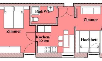 An apartment layout with two bedrooms, a bathroom/WC, and a combined kitchen and dining area. Additionally, there is a room with a loft bed.