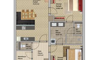 A floor plan drawing of an apartment with different rooms. The rooms are labeled and include a living room, a kitchen, a bedroom, and a bathroom.