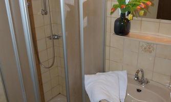 A small bathroom with a glass shower and a sink. On the sink, there is a flower vase with fresh flowers.