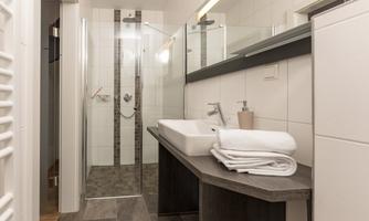 A modern bathroom with a glass shower and a stylish sink. Towels are neatly placed on the shelf.