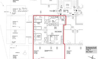 A floor plan for an apartment on the ground floor with several rooms, including a bedroom, living room, and kitchen. The individual areas are clearly marked and outlined in a red line.