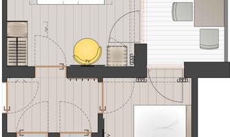 A room floor plan drawing with two sleeping areas, a bathroom, and a living area. The furnishings are depicted as modern and functional.