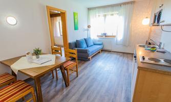 A bright living room with a couch and a table. The kitchen is open and modernly furnished.