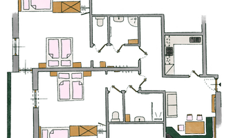 A floor plan of a house with several bedrooms, bathrooms, and an open living area. The rooms are clearly structured with numbered sections.