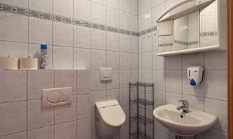 A small bathroom with white tiles and modern sanitary facilities. There is a toilet, a sink, and a mirror on the wall.