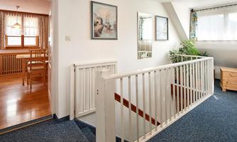 A bright hallway with a white railing and blue carpet. In the background, a dining table and plants are visible.