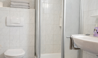 A modern bathroom with a shower and toilet. The walls are light tiled, and there is a carpet on the floor.