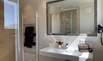 A modern bathroom with a shower and an elegant sink. Towels and a decorative plant enhance the atmospheric ambiance.