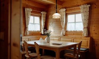 A cozy dining area in a wooden house with a large table and wooden stools. The windows are adorned with curtains and a flower sits in the center of the table.