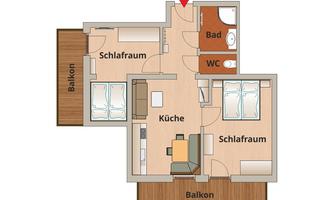 A floor plan drawing of an apartment with two bedrooms, kitchen, bathroom, and balcony. The rooms are clearly defined and well arranged.