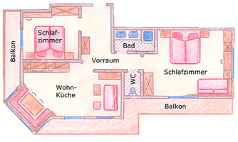 An apartment with two bedrooms, a bathroom, and a living kitchen area. The rooms are connected by an entryway and there are two balconies.