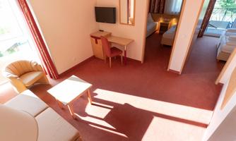 A bright room with a table, a chair, and a television. In the background, two beds can be seen, and plenty of daylight streams through the window.
