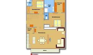 A schematic representation of an apartment with various rooms. The rooms include a living room, bedroom, and kitchen.