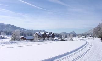 A snowy landscape with a charming wooden house and trees. The clear sky and the mountains in the background create an idyllic winter atmosphere.