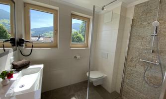 A modern bathroom with a glass shower and a white sink. Bright light streams through the windows, offering a view of the greenery.