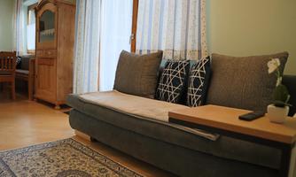 A cozy corner with a gray sofa and decorative cushions. Next to the sofa is a small table with a plant.