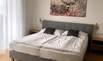 A modern bedroom with a comfortable double bed and gray-blue bedding. On the wall hangs a picture of a deer in front of a blooming landscape.