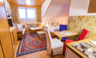 A cozy apartment with a living and dining area. The decor is friendly, with a carpet and a small kitchen area.
