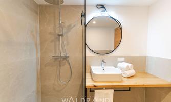 A modern bathroom with a clear shower cabin and an elegant sink. Towels are neatly stacked on the wooden shelf.