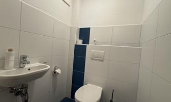 A modern bathroom with white tiles and blue accents. It includes a sink and a toilet.
