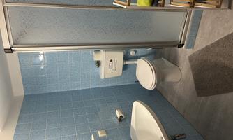 A modern bathroom with blue tiles. It features a shower, a sink, and a toilet.