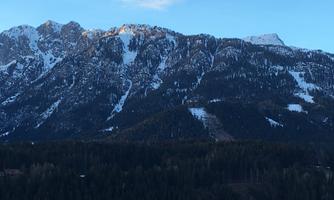 An impressive mountain landscape with snow-capped peaks and green forests in the foreground. The sky is clear and blue.