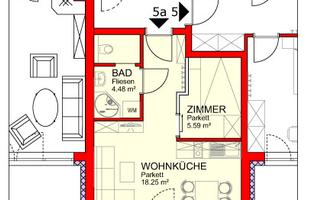A floor plan of a living space with different rooms. The plan shows a bathroom, a bedroom, a living kitchen, and a terrace.