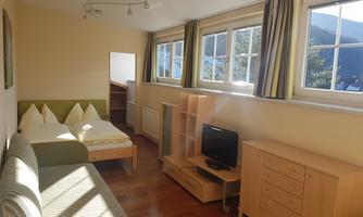 A cozy room with a double bed and a sofa bed. There is a television and large windows that let in plenty of daylight.