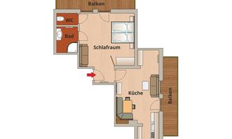 A floor plan sketch of an apartment with two balconies. The rooms include a bedroom, a kitchen, and a bathroom.