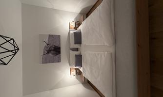 A modern bedroom with a large double bed and two nightstands. A picture of a bull hangs on the wall.