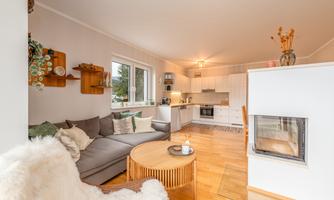 A modern living room with a bright kitchen and a cozy sofa. The space is bright and inviting, perfect for relaxation and social evenings.