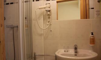 A bathroom with a shower, a sink, and a large mirror. The walls are light-tiled and there are basic toiletries.