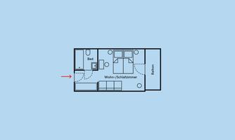 A floor plan of an apartment with one bedroom, a living room, and a kitchen. The rooms are clearly marked and labeled.