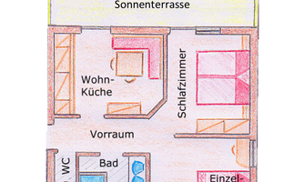 A simple apartment floor plan sketch with labels. The main areas are the living kitchen, the bedroom, the bathroom, and a sun terrace.