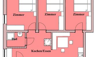 An overview of the floor plan of an apartment with three rooms and a bathroom. The kitchen and dining area are centrally arranged.