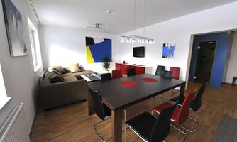 A modern living room with a large dining table and colorful chairs. The walls are bright, and there is a stylish sofa as well as decorative artworks.