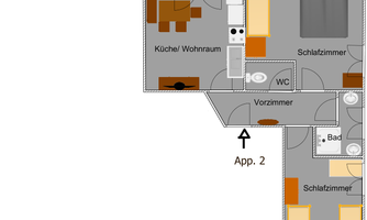 An apartment sketch with various rooms such as kitchen, bedroom, and bathroom. The areas are clearly marked and show the arrangement of the furniture.