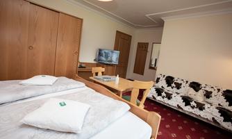 A cozy hotel room with two beds, a television, and a table. In the background, there is a sofa with a striking pattern.