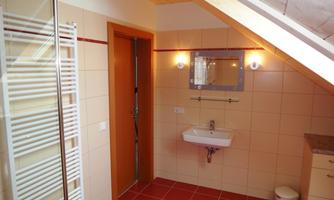 A modern bathroom with red tiles and a shower. It has a sink and bright lighting.